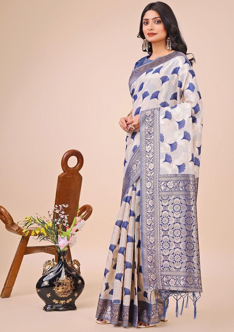 Blue Zari Printed Blended Saree Set - Indya