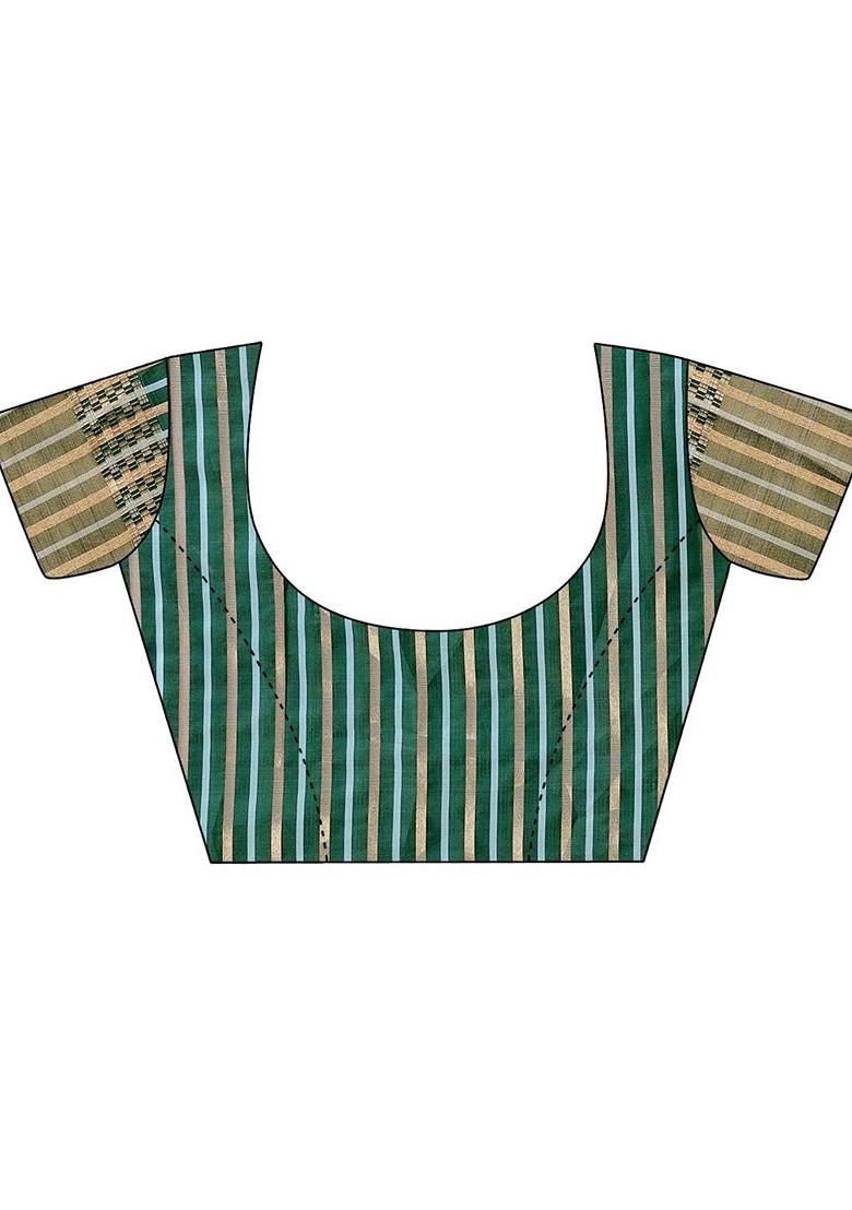 Green Zari Printed Blended Saree Set - Indya