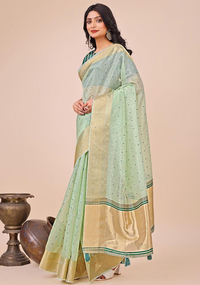 Green Zari Printed Blended Saree Set - Indya