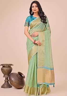 Green Embellished Blended Saree Set
