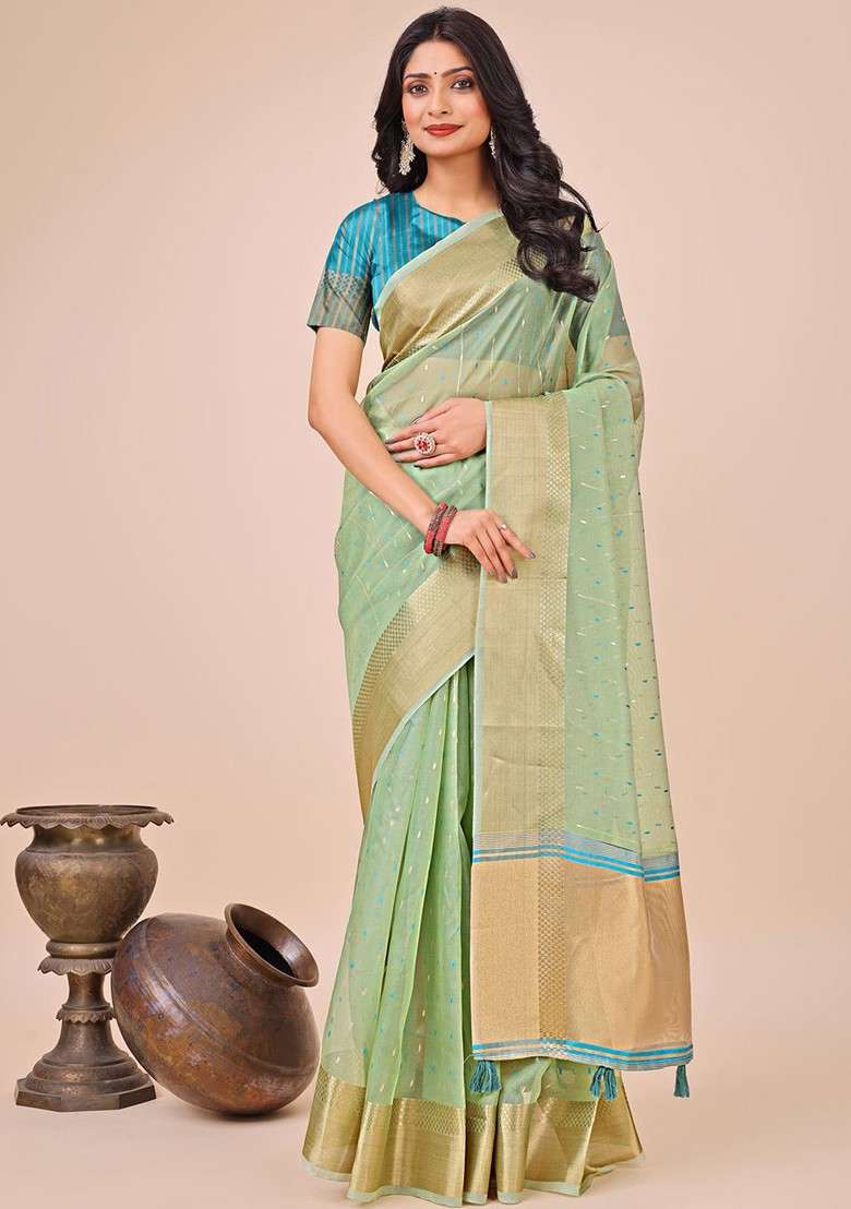 Green Embellished Blended Saree Set - Indya
