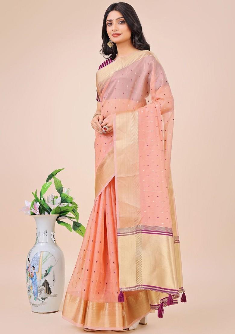 Peach Zari Printed Blended Saree Set - Indya