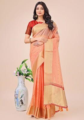 Orange Zari Printed Blended Saree Set