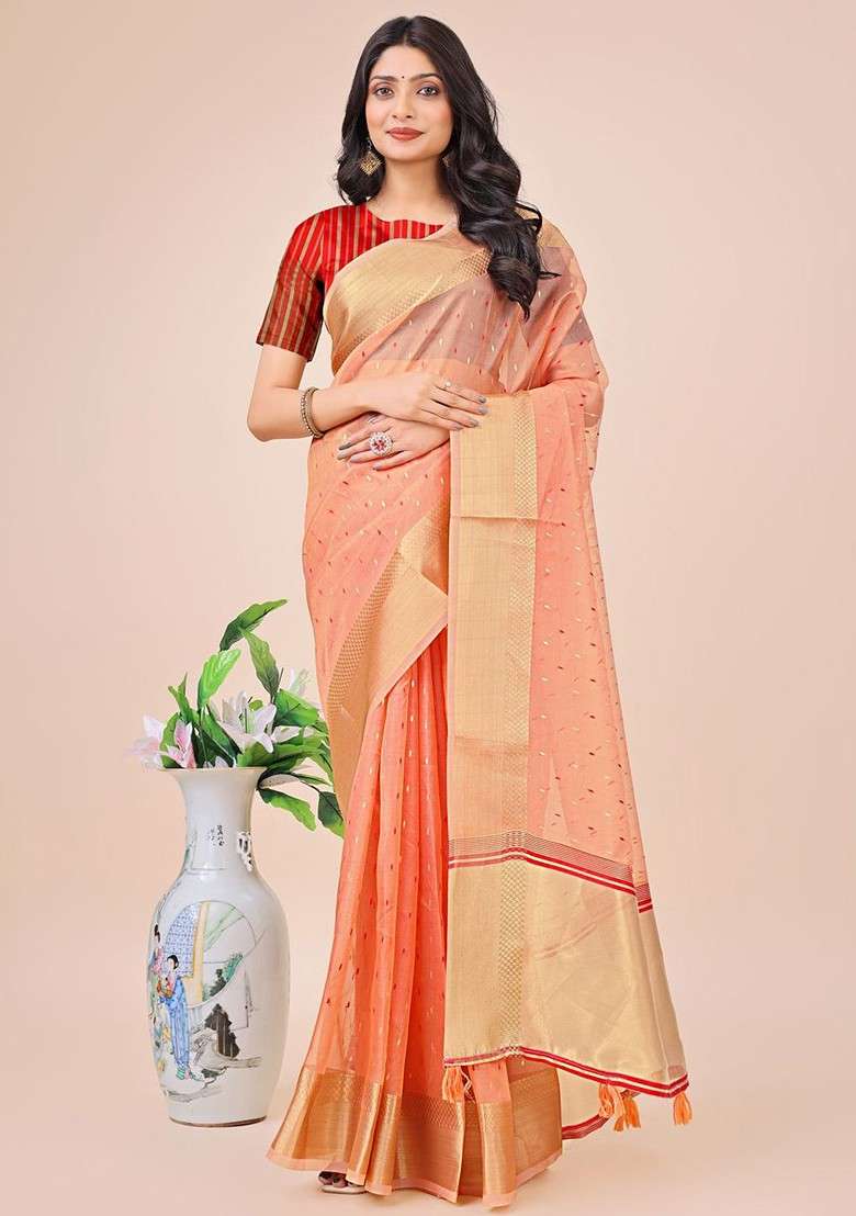 Orange Zari Printed Blended Saree Set - Indya
