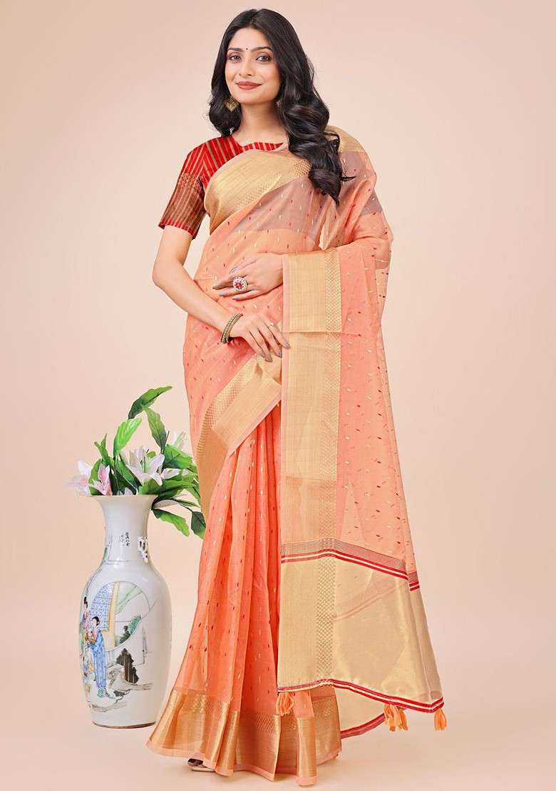 Orange Zari Printed Blended Saree Set - Indya