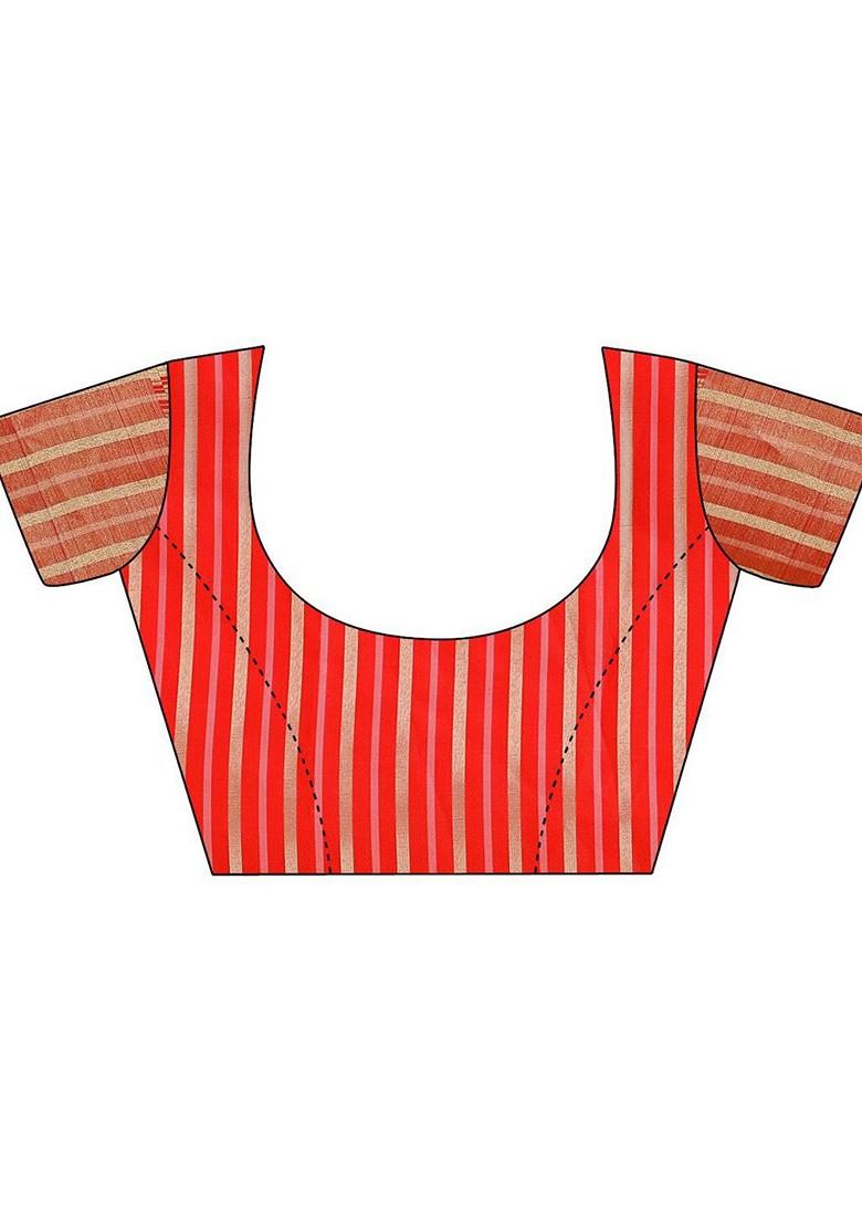 Orange Zari Printed Blended Saree Set - Indya