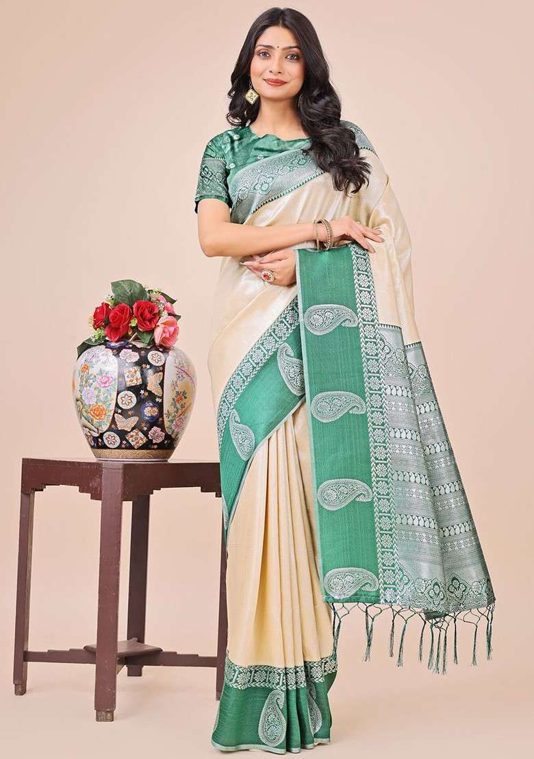 Cream Embroidered Blended Saree Set - Indya