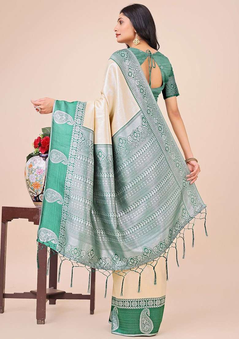 Cream Embroidered Blended Saree Set - Indya