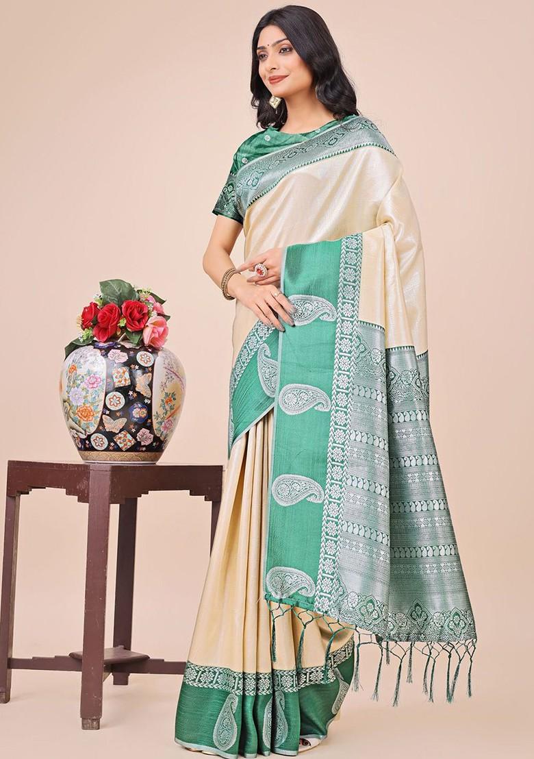 Cream Embroidered Blended Saree Set - Indya