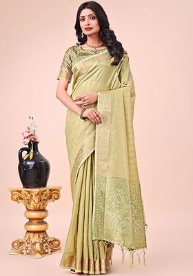 Green Embroidered Blended Saree Set