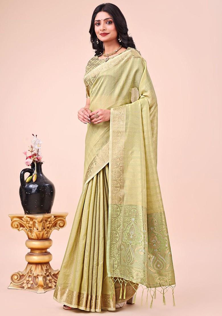 Green Embroidered Blended Saree Set - Indya