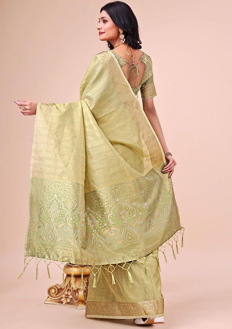 Green Embroidered Blended Saree Set - Indya