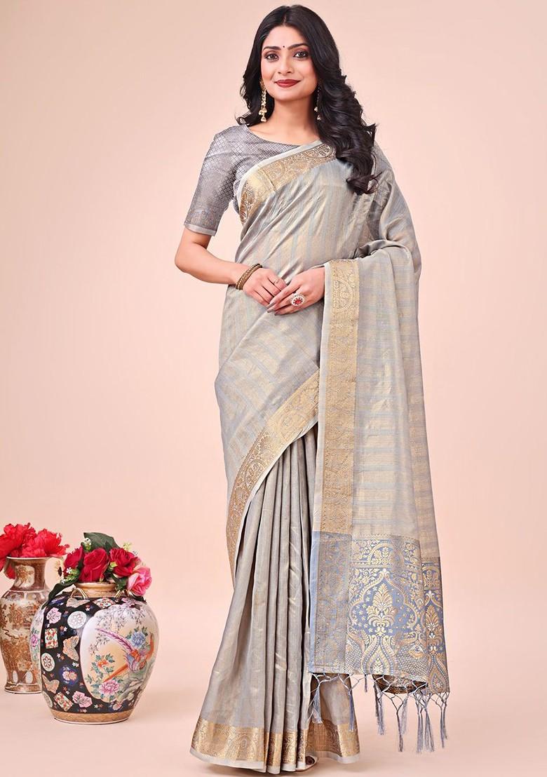 Grey Zari Printed Blended Saree Set - Indya