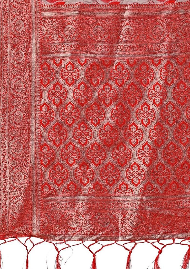 White Zari Printed Blended Saree Set - Indya