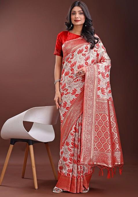 White Zari Printed Blended Saree Set