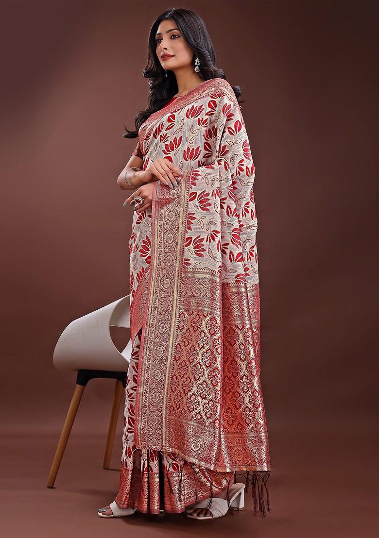 Maroon Zari Printed Blended Saree Set - Indya