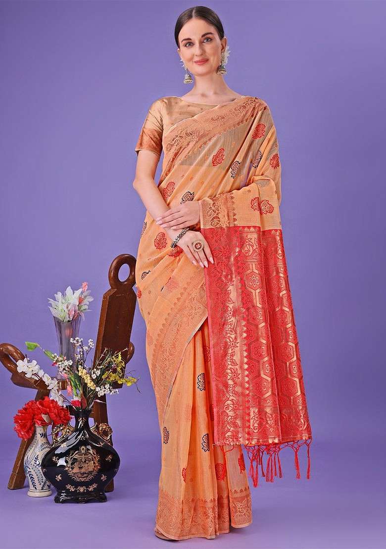 Orange Zari Printed Blended Saree Set - Indya