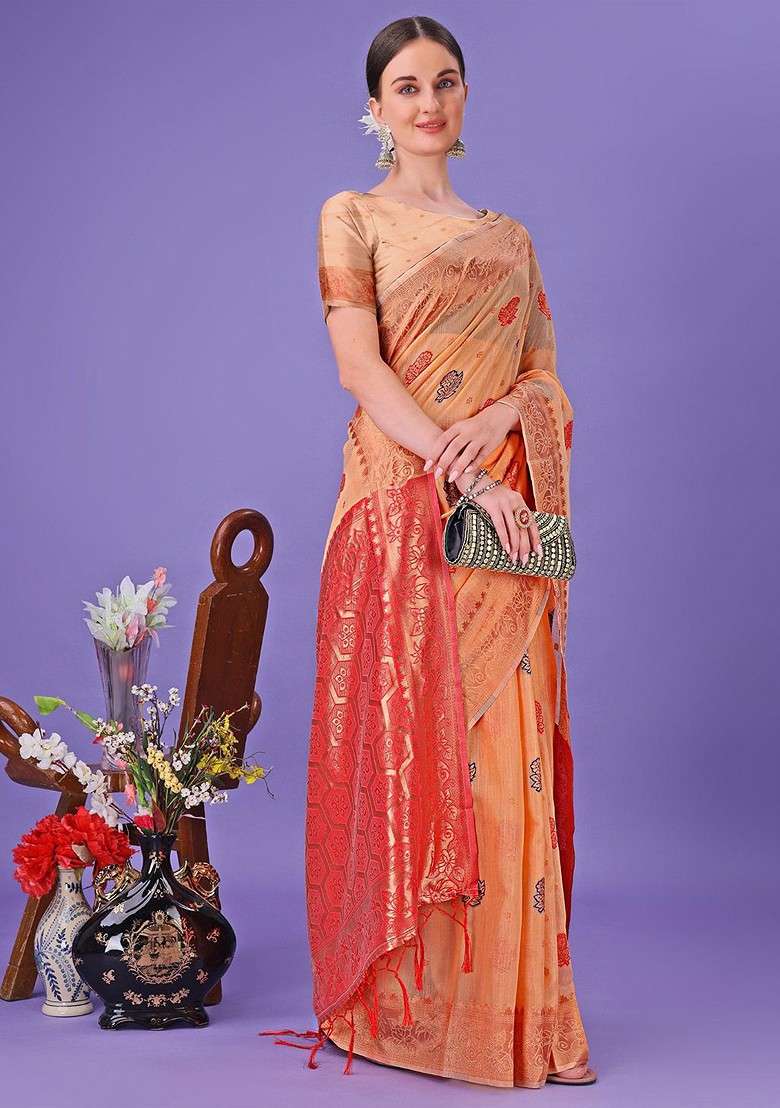 Orange Zari Printed Blended Saree Set - Indya