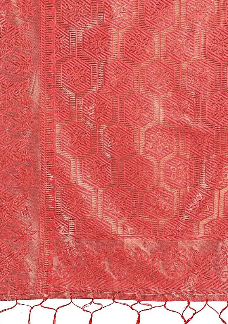 Orange Zari Printed Blended Saree Set - Indya