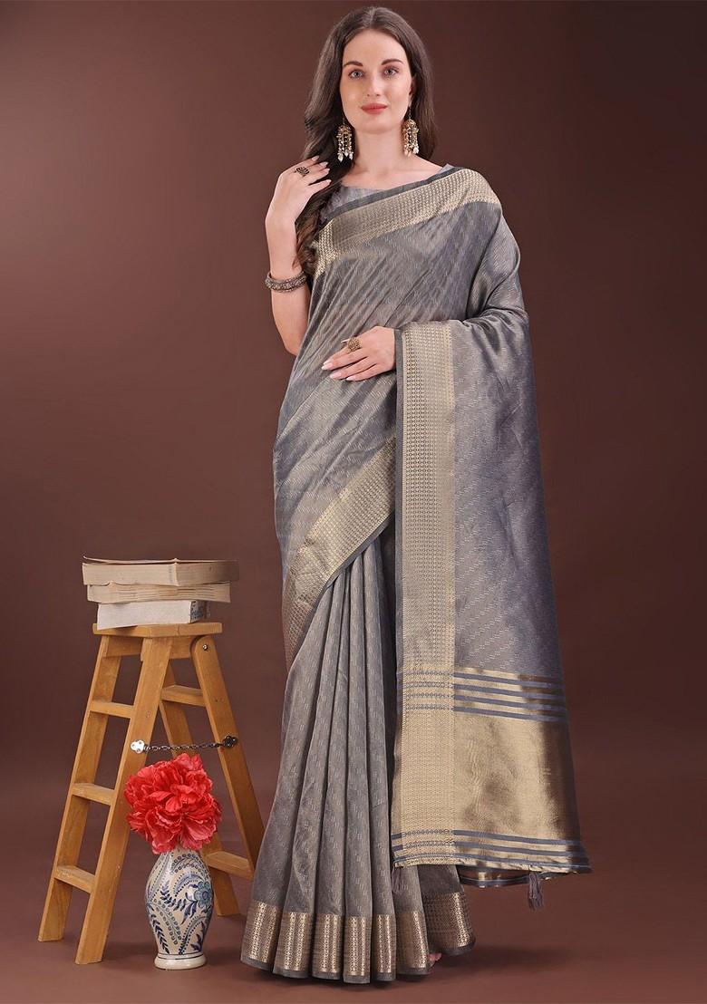 Grey Zari Printed Blended Saree Set - Indya