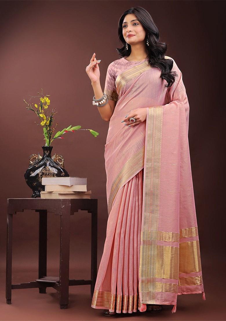 Pink Zari Printed Blended Saree Set - Indya