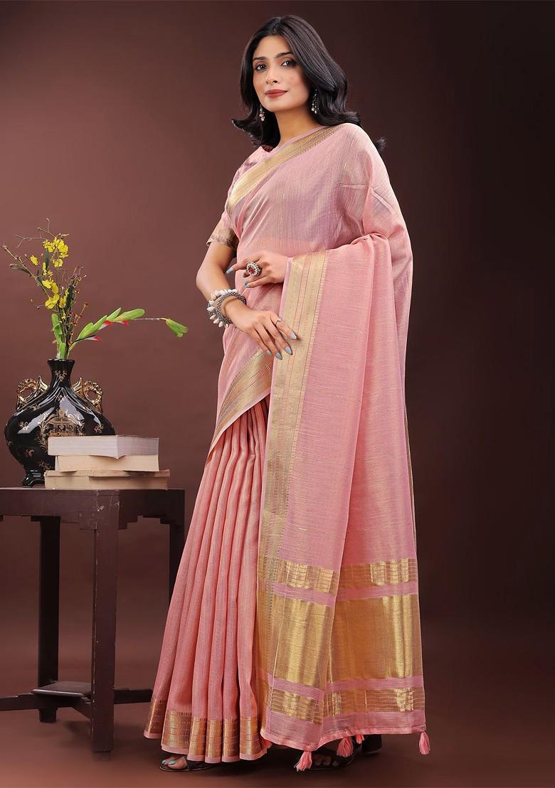 Pink Zari Printed Blended Saree Set - Indya
