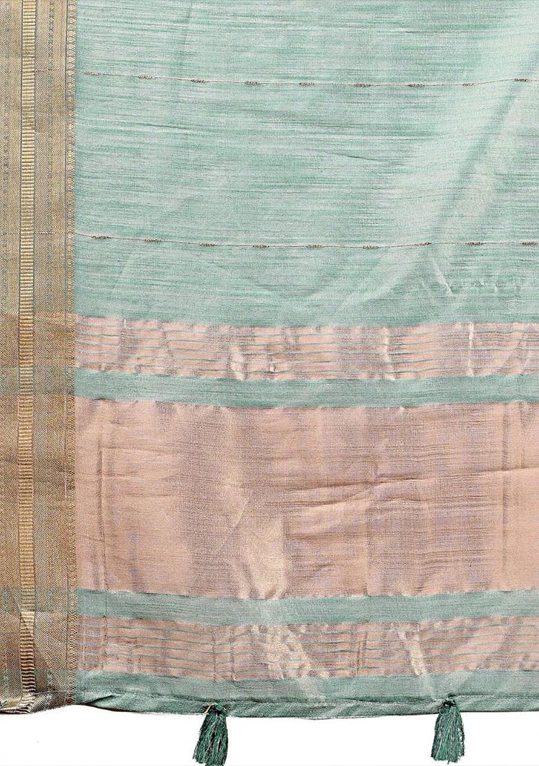 Green Embroidered Blended Saree Set - Indya