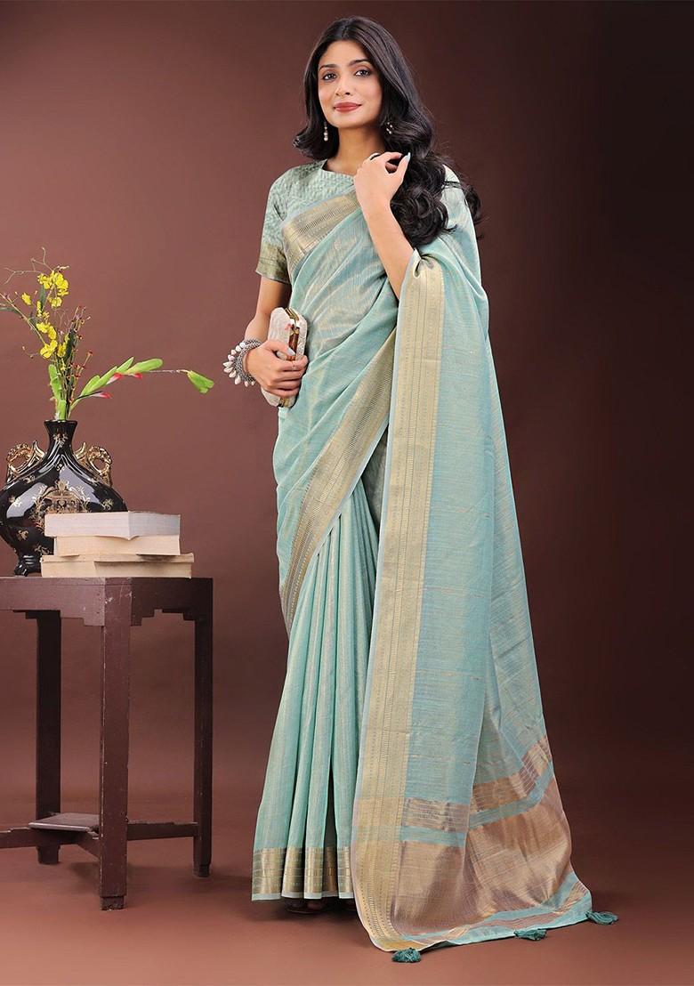 Green Embroidered Blended Saree Set - Indya