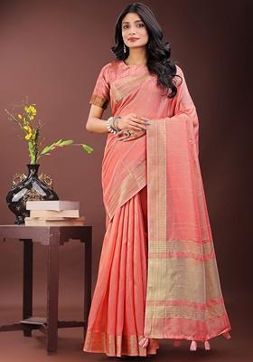 Orange Embroidered Blended Saree Set