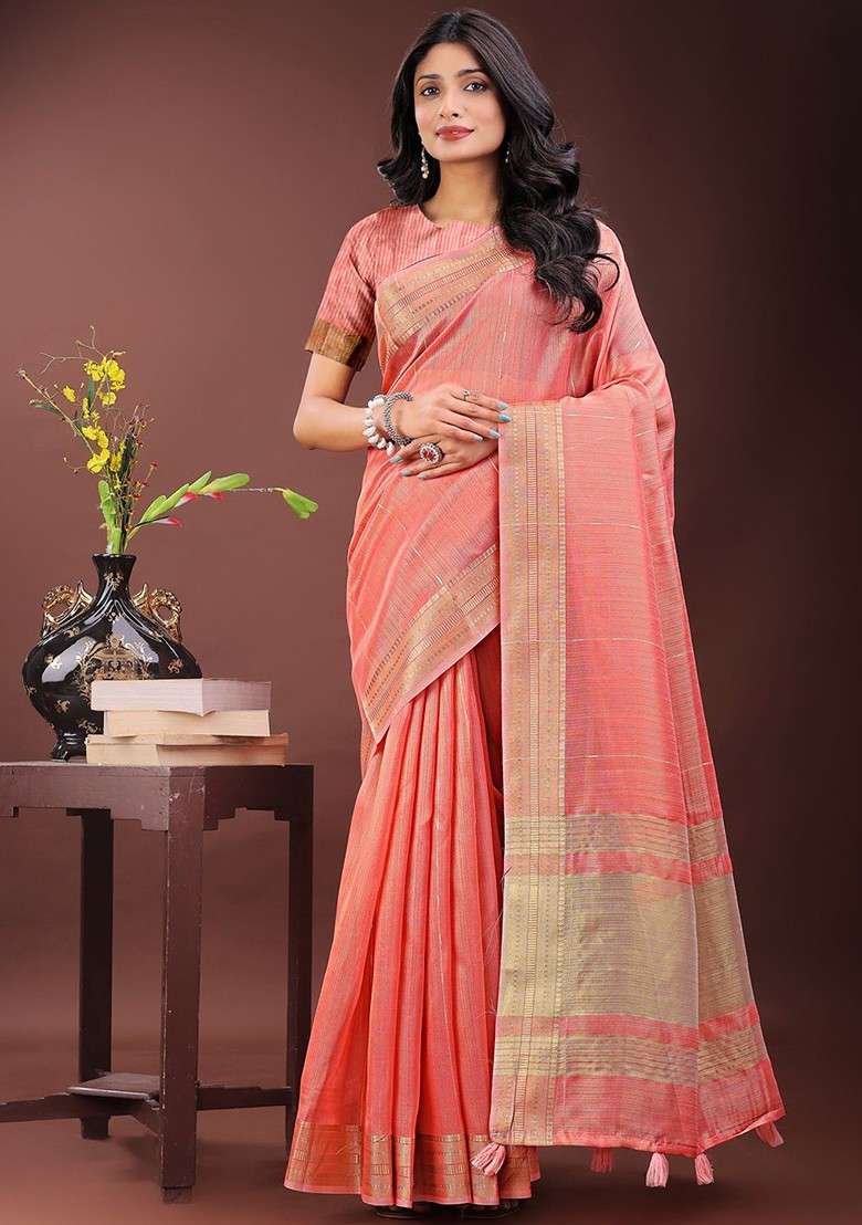 Orange Embroidered Blended Saree Set - Indya