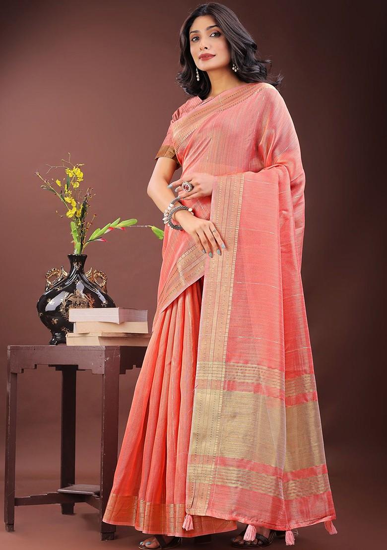 Orange Embroidered Blended Saree Set - Indya