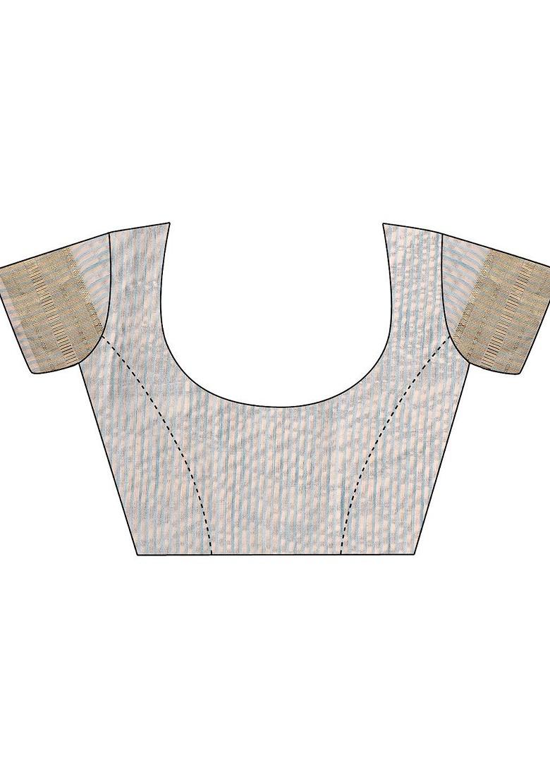 Blue Zari Printed Blended Saree Set - Indya