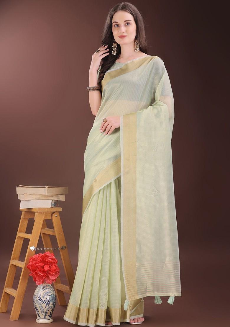 Green Zari Printed Blended Saree Set - Indya