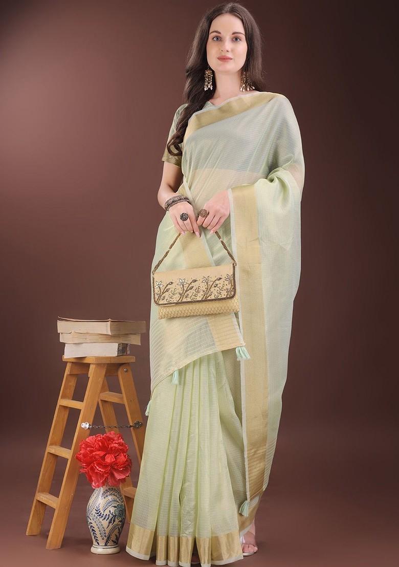 Green Zari Printed Blended Saree Set - Indya