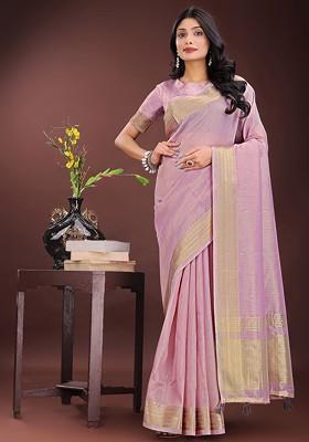 Pink Embroidered Blended Saree Set