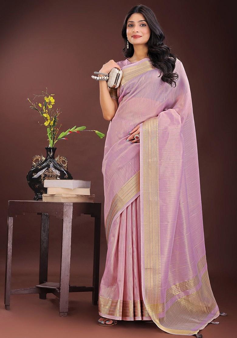Pink Embroidered Blended Saree Set - Indya