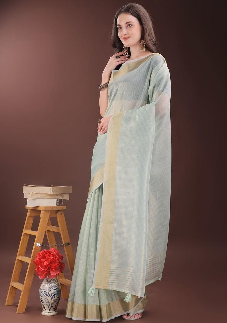 Green Zari Printed Blended Saree Set - Indya