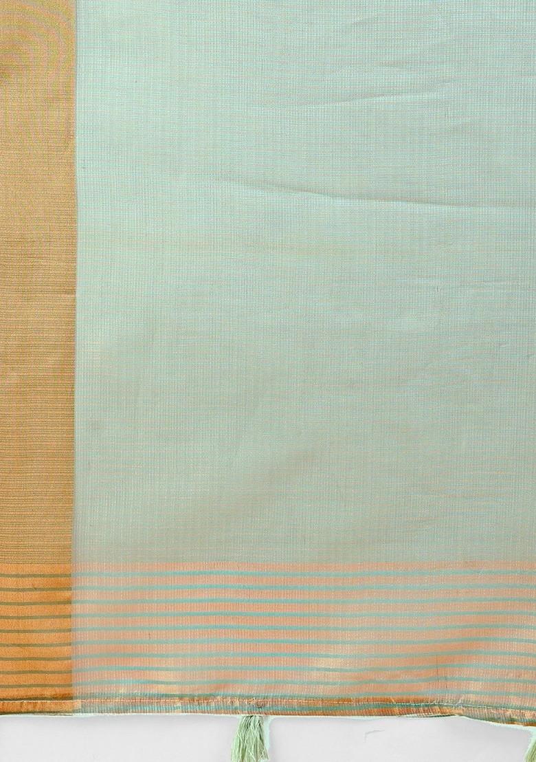 Green Zari Printed Blended Saree Set - Indya