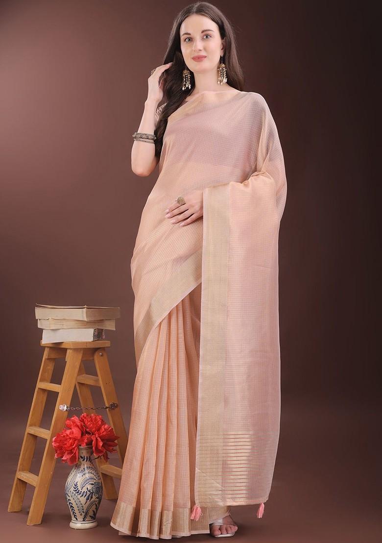 Peach Zari Printed Blended Saree Set - Indya