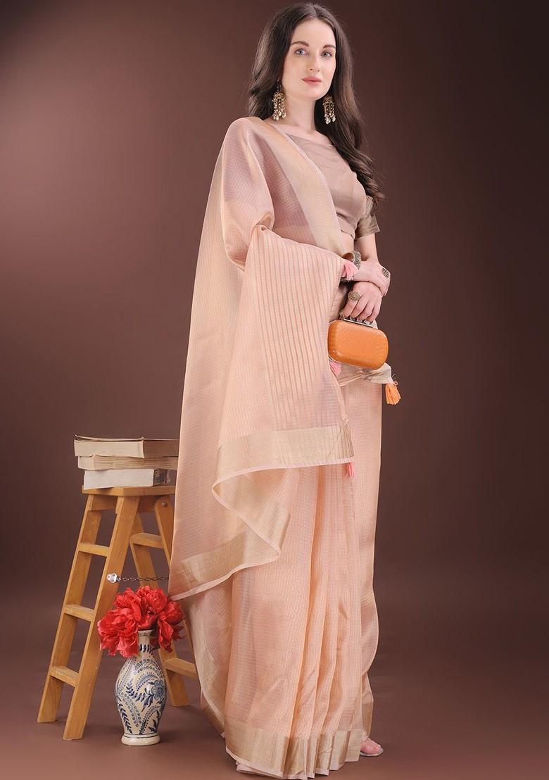 Peach Zari Printed Blended Saree Set - Indya