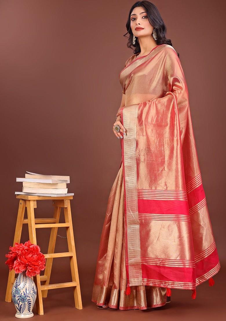 Red Zari Printed Blended Saree Set - Indya