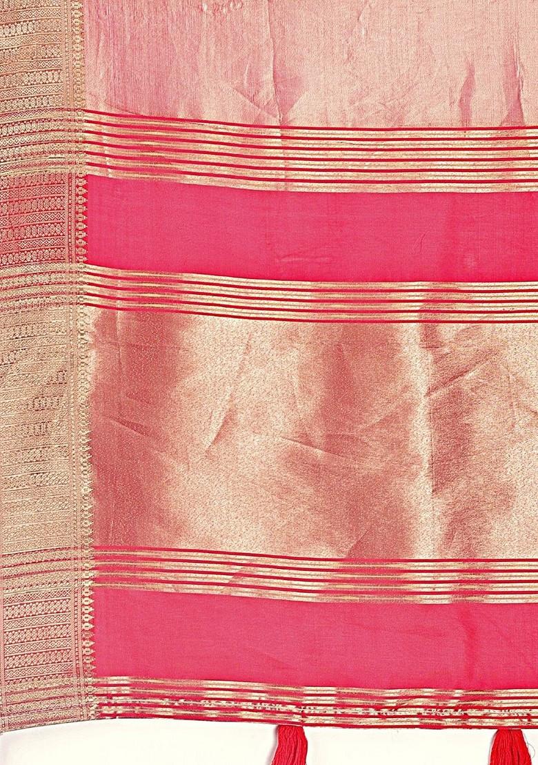 Red Zari Printed Blended Saree Set - Indya