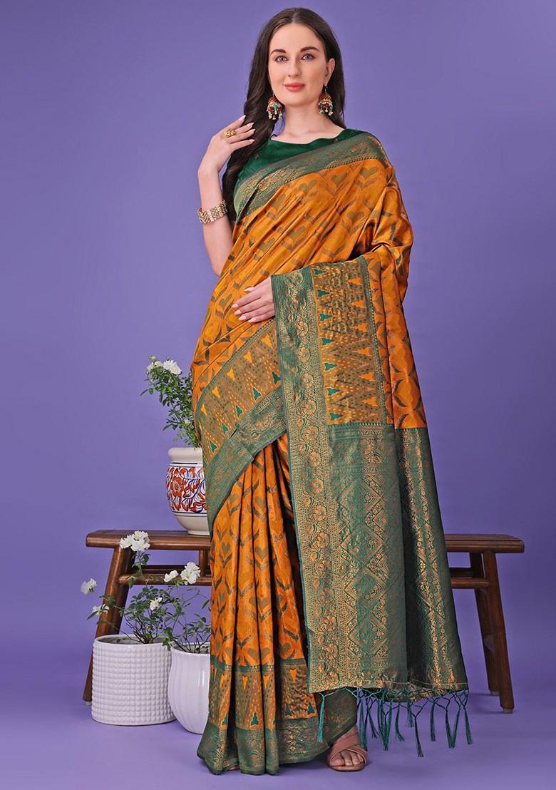 Mustard Zari Printed Blended Saree Set - Indya