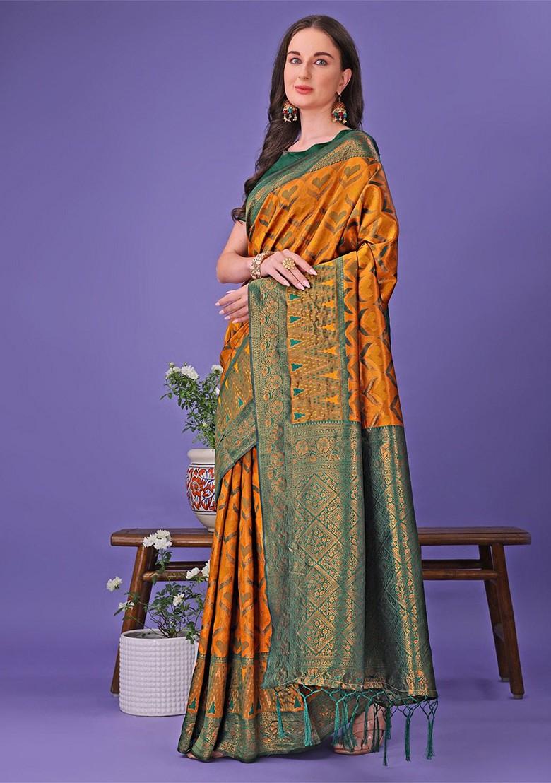 Mustard Zari Printed Blended Saree Set - Indya