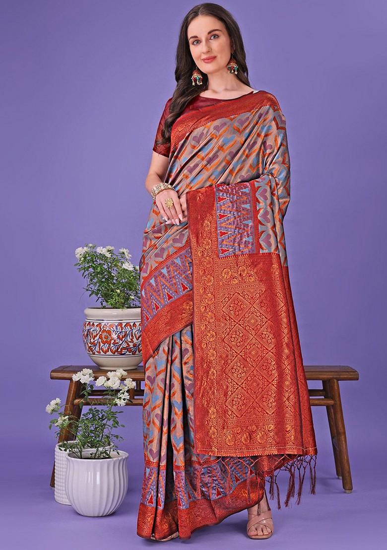 Grey Zari Printed Blended Saree Set - Indya