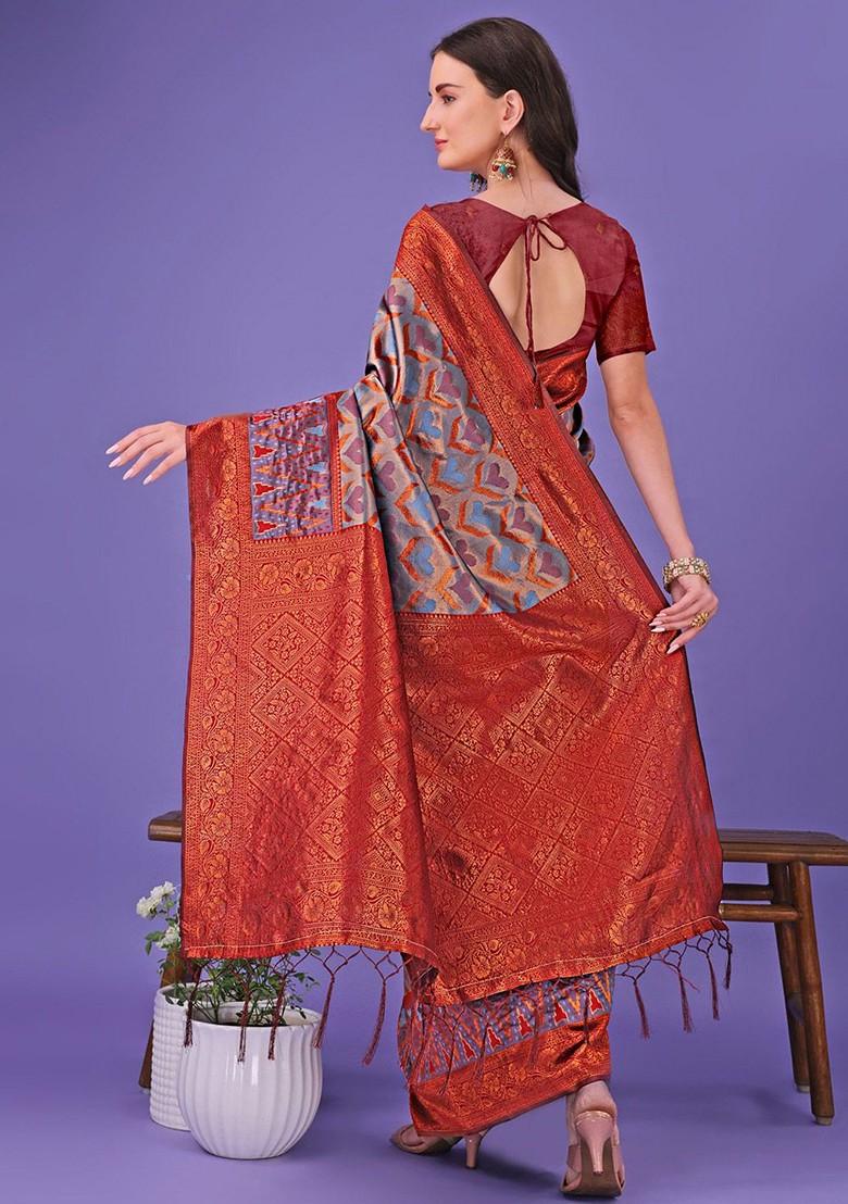Grey Zari Printed Blended Saree Set - Indya