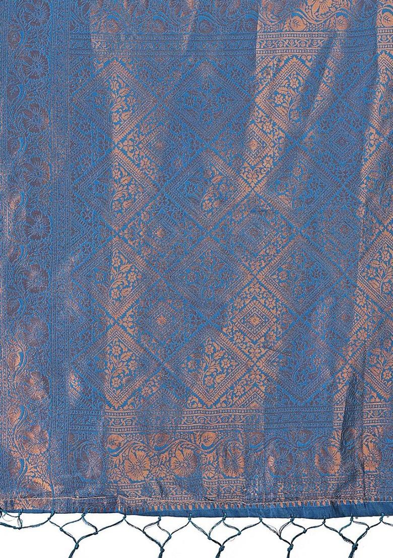 Red Zari Printed Blended Saree Set - Indya