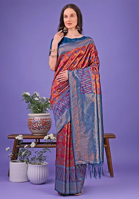 Red Zari Printed Blended Saree Set