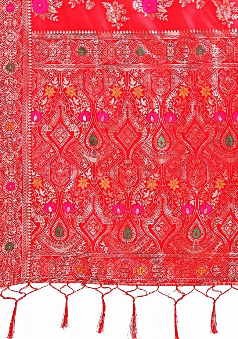 Red Zari Printed Blended Saree Set - Indya
