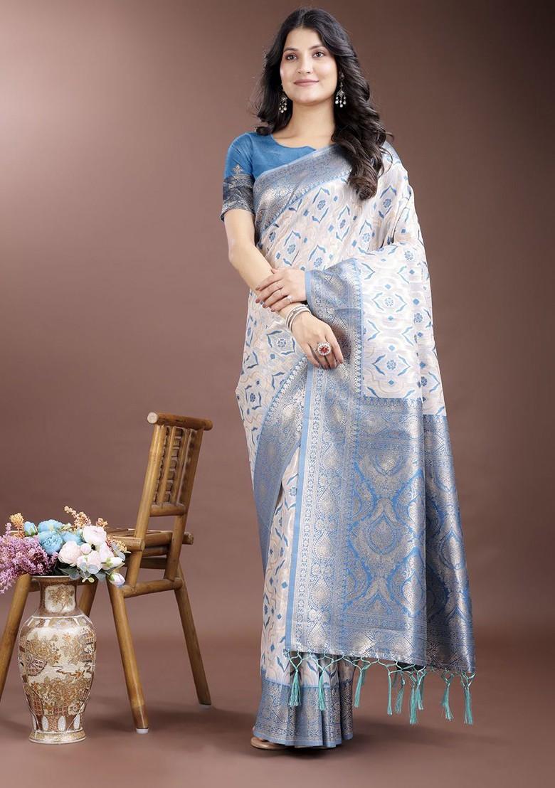 Blue Zari Printed Blended Saree Set - Indya